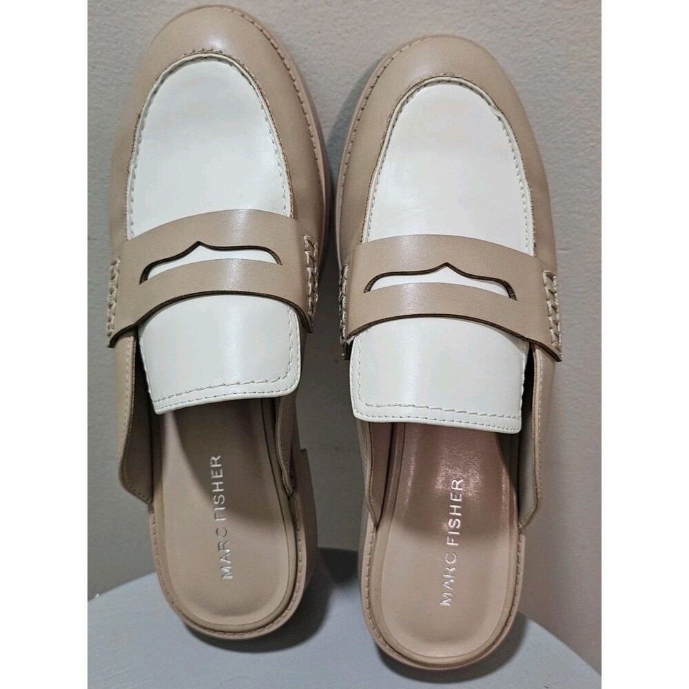 Marc Fisher Slip-On Backless Mules Penny Loafer Style Beige And White Size 8.5M